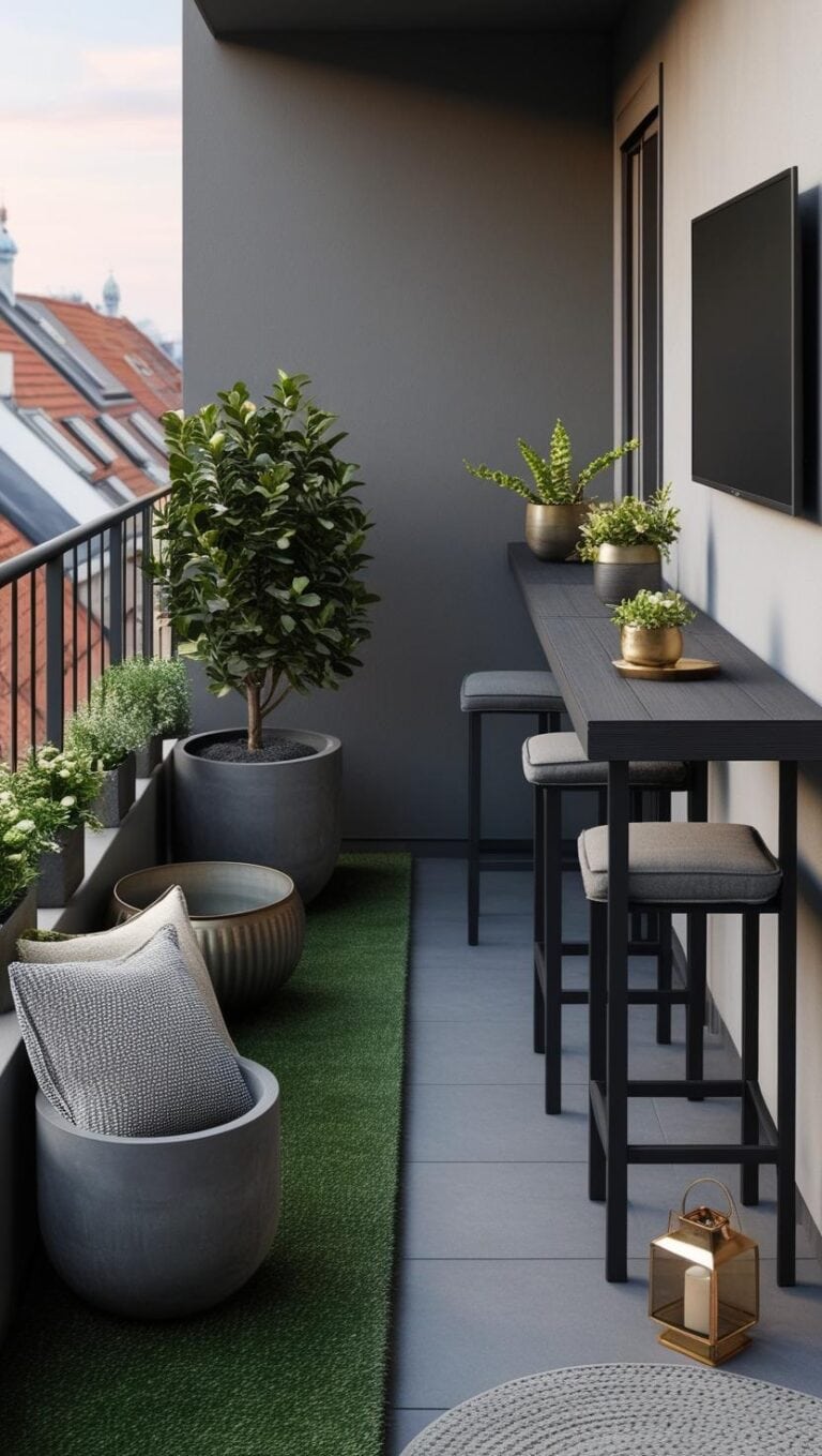 1 Bild, 1 Idee – Schmaler Stadtbalkon in Graphit & Grün mit Outdoor TV