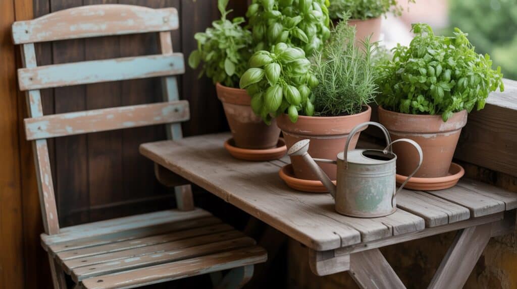 balkon alter holztisch mit Stuhl kraeueter terrakkota metal giesskanne 1