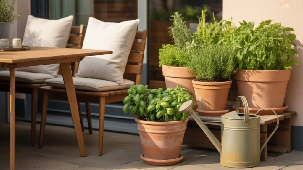 balkon alter holztisch mit Stuhl kraeueter terrakkota metal giesskanne 3