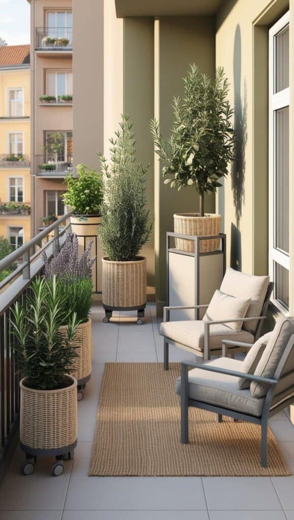 10 clevere Tipps für mehr Platz auf kleinen Balkonen balkon kobile rollen stuehel beige grau oliven mediterran 1