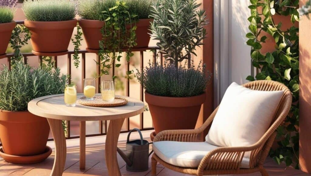 Mini Oase auf 3 m²: So holst du dir Natur auf den Großstadtbalkon balkon osase 3m pfanzen efeu lavendel olive rattanstuhl getrnke sommer