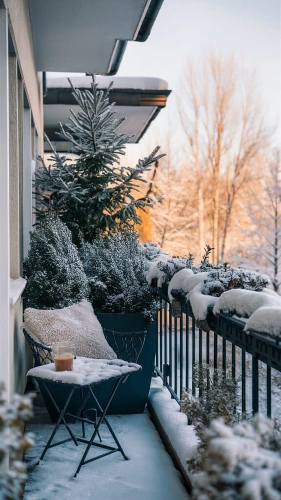 Saisonale Pflanzen für jede Jahreszeit auf deinem Balkon: So bleibt dein Lieblingsplatz das ganze Jahr über lebendig balkon winter tisch und stuhl mit schnee 1