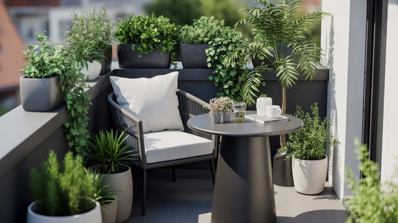 kleiner Balkon rattan stuhl tisch schwarz weiss pflanzen 1