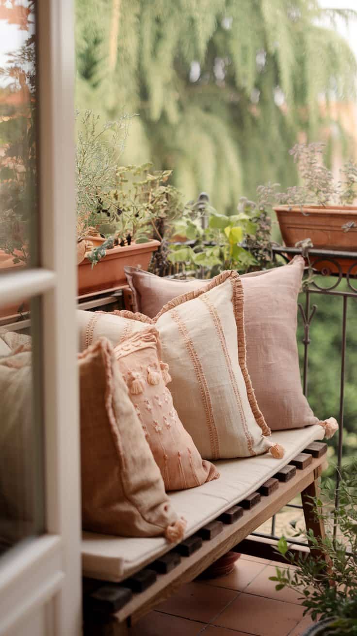 Den Balkon mit Textilien verschönern: Kissen, Decken und Vorhänge leinen kissen auf der bank balkon schoener machen
