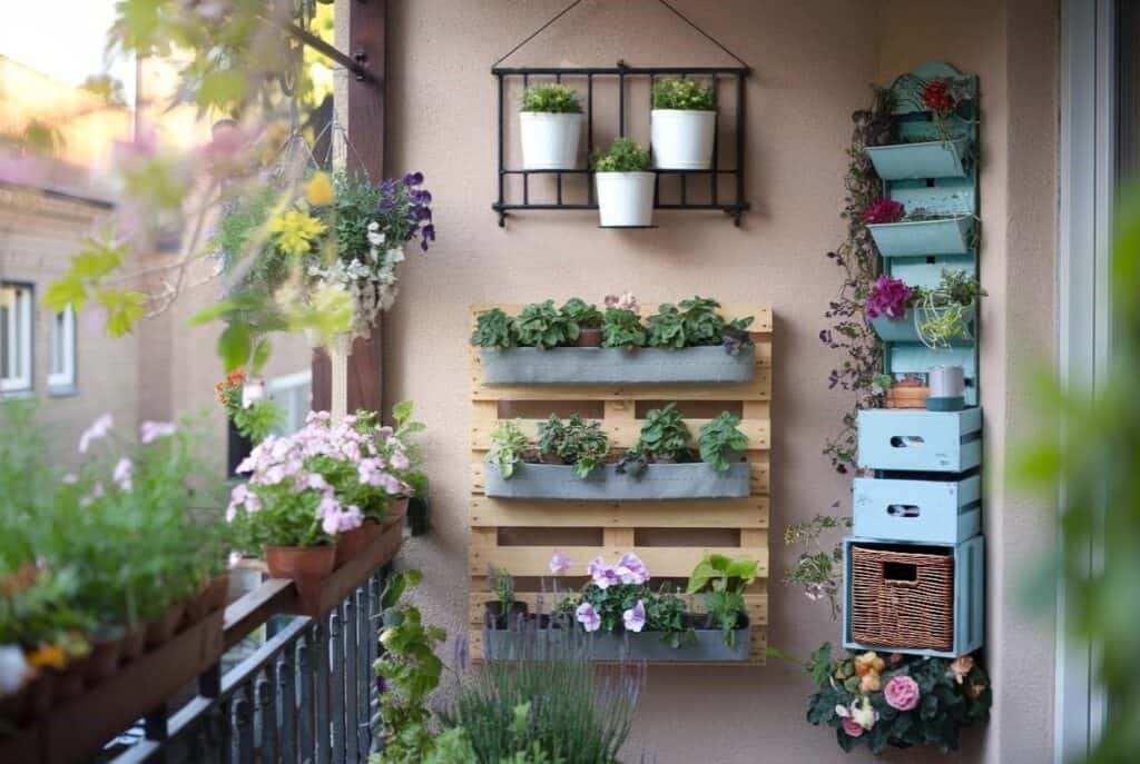 10 clevere Tipps für mehr Platz auf kleinen Balkonen vertikaler Balkon palette weinkisten regale alles mint blumen