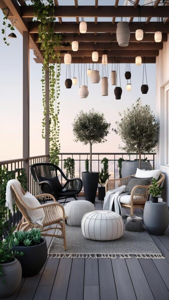 1 Bild, 1 Idee - Schwarz - Weiß trifft mediterrane Leichtigkeit Balkon scharz weiss grau pergola latern oben 1