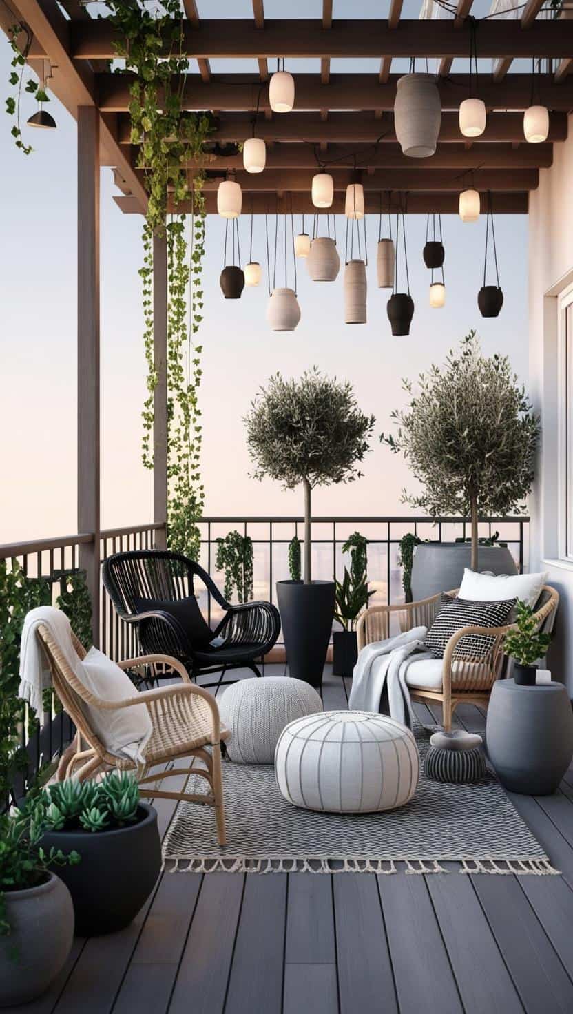 Balkon scharz weiss grau pergola latern oben 1