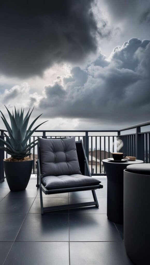 Balkon ERLEBEN Botanical Brutalism schwarz beton minimalismus duester