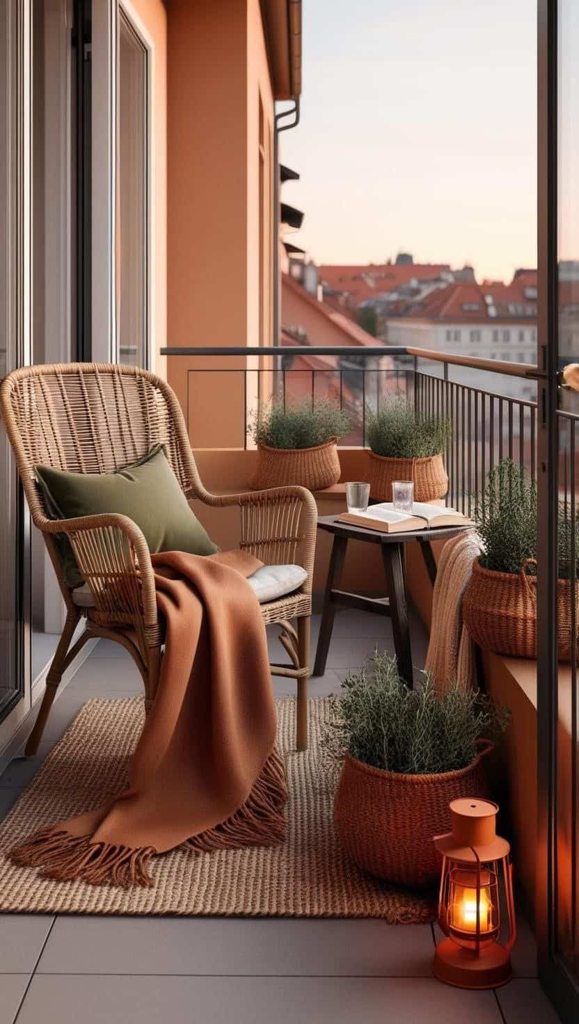 Farbwelten für den Spätsommer – Terrakotta, Ocker & Olive balkon terracotta gruen korbstuhl herbst