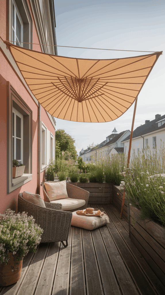 Balkon BASICS beitrag ideen schmaler Balkon wetterfeste Moebel sonnensehel sicht schutz 1