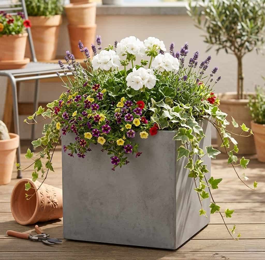 kuebel grau geranie weiss efeu zaubergloeckchen lavendel 1