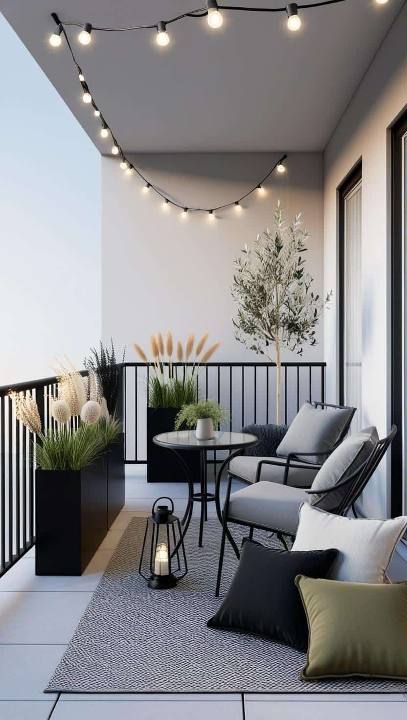 LED-Lichterketten für den Balkon – Funkelndes Flair für laue Nächte minimalistisch grau schwarz lichterkette led windlichter metall 2
