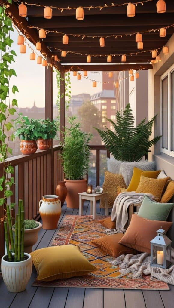 schlichter Balkon bunter Boho salbei okker Pergola 3