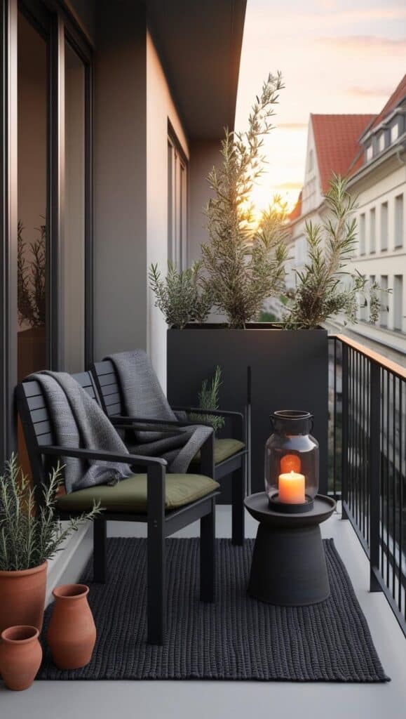 1 Bild, 1 Idee – Sommerabend in Olive & Schwarz sommerabend in olive gruen schwarz maskulin Holzstuhl Betontisch windlicht 1 1