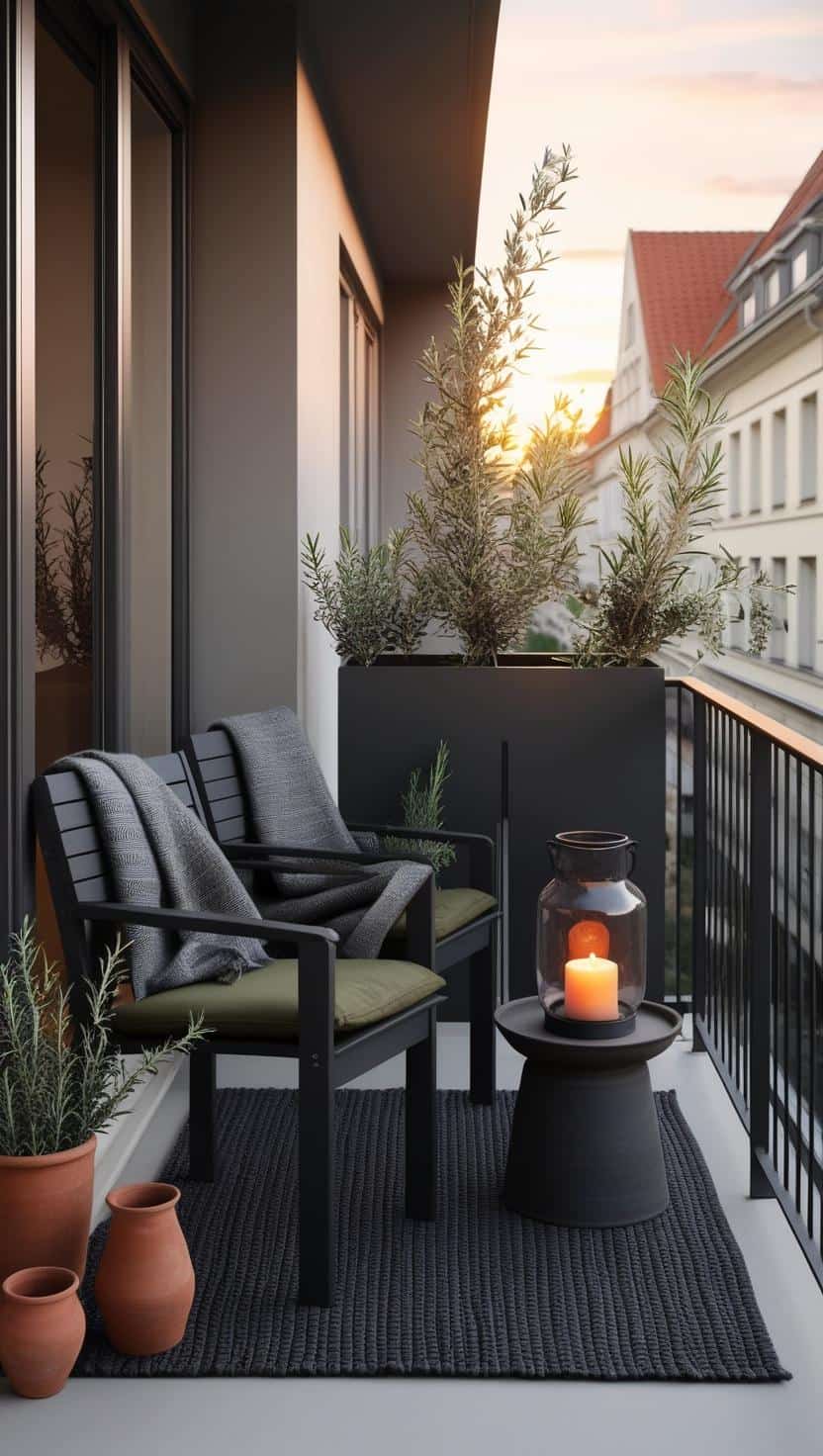 sommerabend in olive gruen schwarz maskulin Holzstuhl Betontisch windlicht 1 1