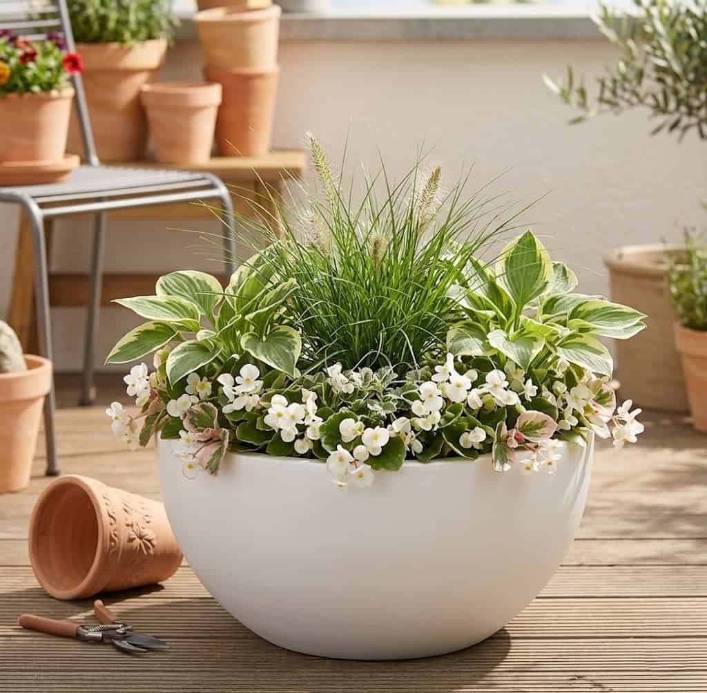 weisser kuebel gras funkien begonien