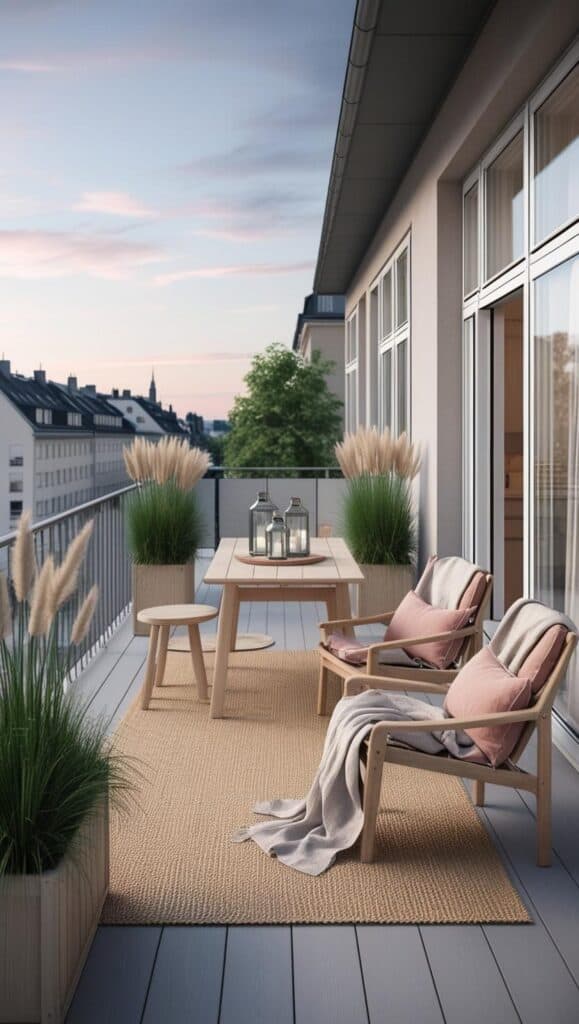 1 Bild, 1 Idee – Skandi-Abend mit Weitblick Skandinavischer Balkon grauer holz bolden helle moebel holz rose leinenkissen decke teppich schlicht 1