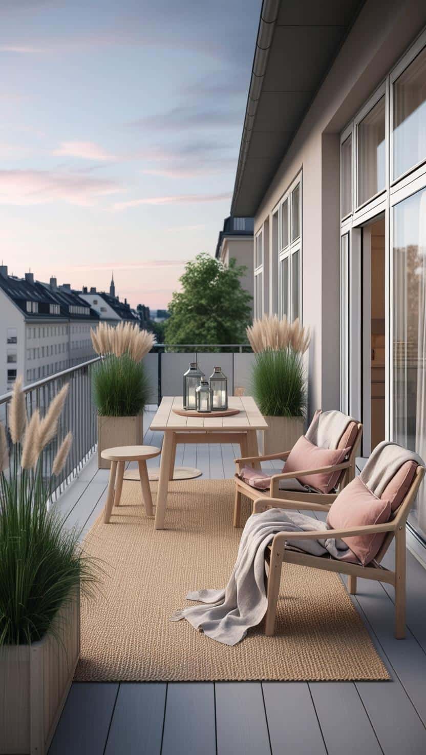 Skandinavischer Balkon grauer holz bolden helle moebel holz rose leinenkissen decke teppich schlicht 1