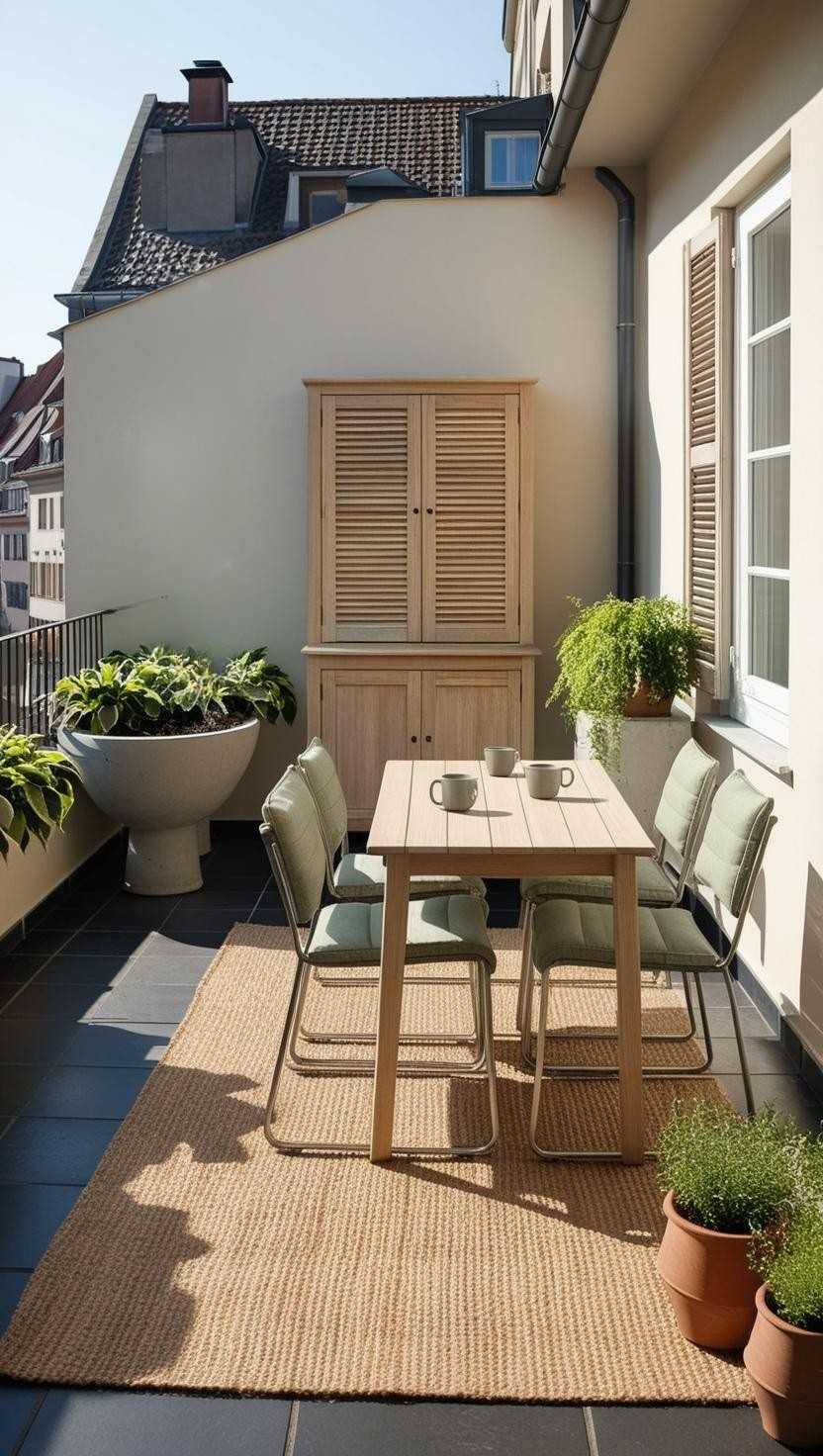 Skandinavischer Balkon – 7 cleane Styling-Ideen mit Holz & Leinen Skandinavischer Balkon grauer holz bolden helle moebel holz salbei leinenkissen decke teppich schlicht 5