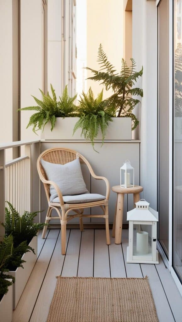 Skandinavischer Balkon – 7 cleane Styling-Ideen mit Holz & Leinen Skandinavischer Balkon heller boden Korbstuhl schlicht weiss creme teppich laterne 1