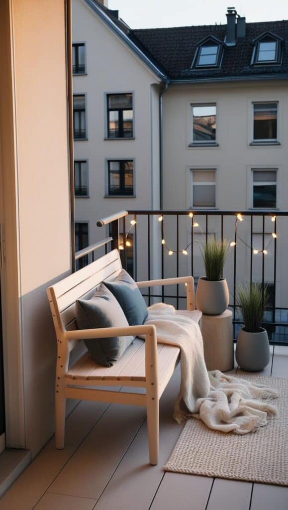 Skandinavischer Balkon – 7 cleane Styling-Ideen mit Holz & Leinen Skandinavischer Balkon heller boden Korbstuhl schlicht weiss creme teppich laterne 3 minimalistisch