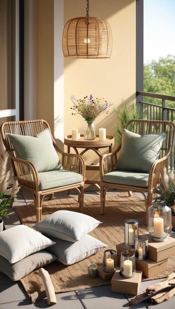 Diese Balkontrends setzen sich 2025 wirklich durch – und diese nicht Skandinavischer Balkon heller boden Korbstuhl schlicht weiss creme teppich laterne 4 farbkonzept