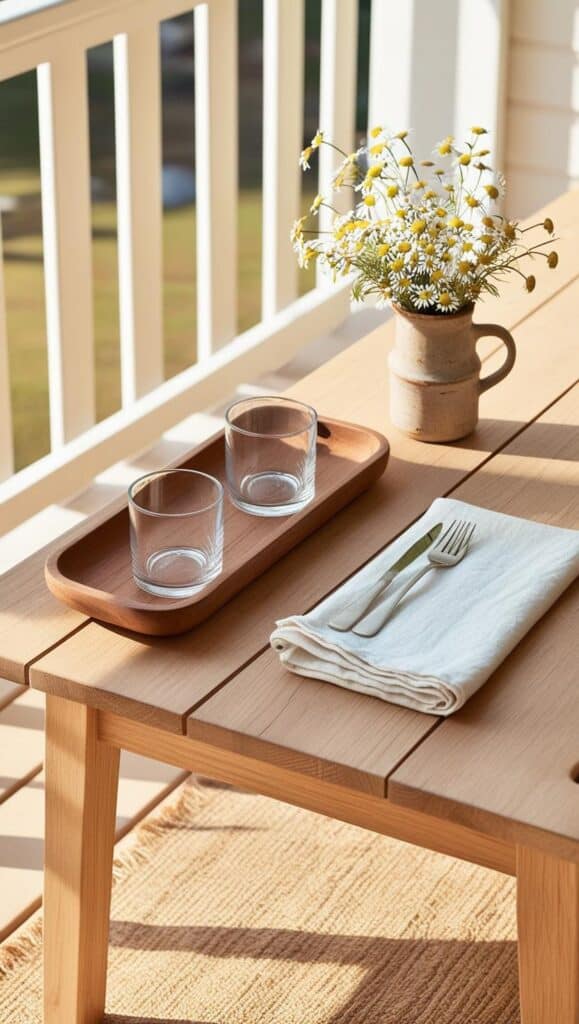 Skandinavischer Balkon – 7 cleane Styling-Ideen mit Holz & Leinen Skandinavischer Balkon heller boden Korbstuhl schlicht weiss creme teppich laterne 5