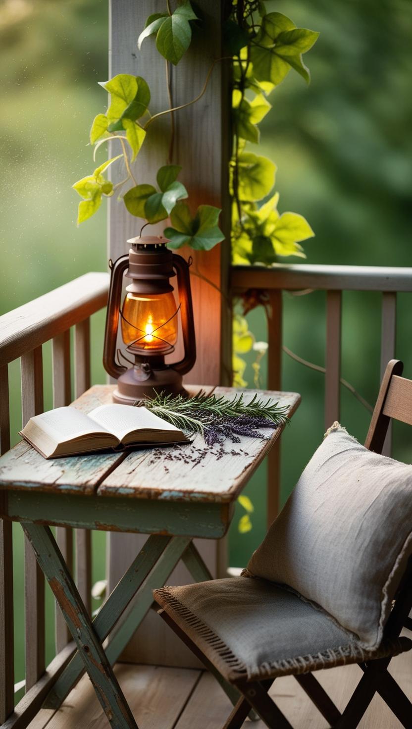 Wabi-Sabi Deko: Materialien, die Seele haben Wabi Sabi Deko Materialien abschluss efeu balkon holz stuhl shabbby gemuetlich laterne abends 1