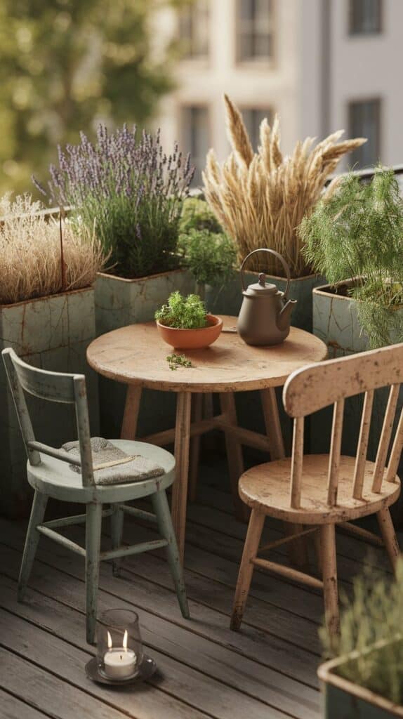 Balkon ERLEBEN Wabi Sabi Pflanzen beitrag titekbils tisch stuehle alt