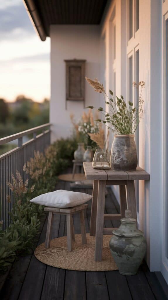 Wabi-Sabi auf dem Balkon: So gestaltest du dein stilles kleines Glück im Freien Ein schmaler Altbau-Balkon mit rustikalem Holztisch, Tonkrügen und Wildblumen in Keramikvasen. Der Boden ist dunkel, daneben ein runder Juteteppich mit Hocker. Natürliches Abendlicht betont die ruhige, natürliche Atmosphäre im Wabi-Sabi-Stil