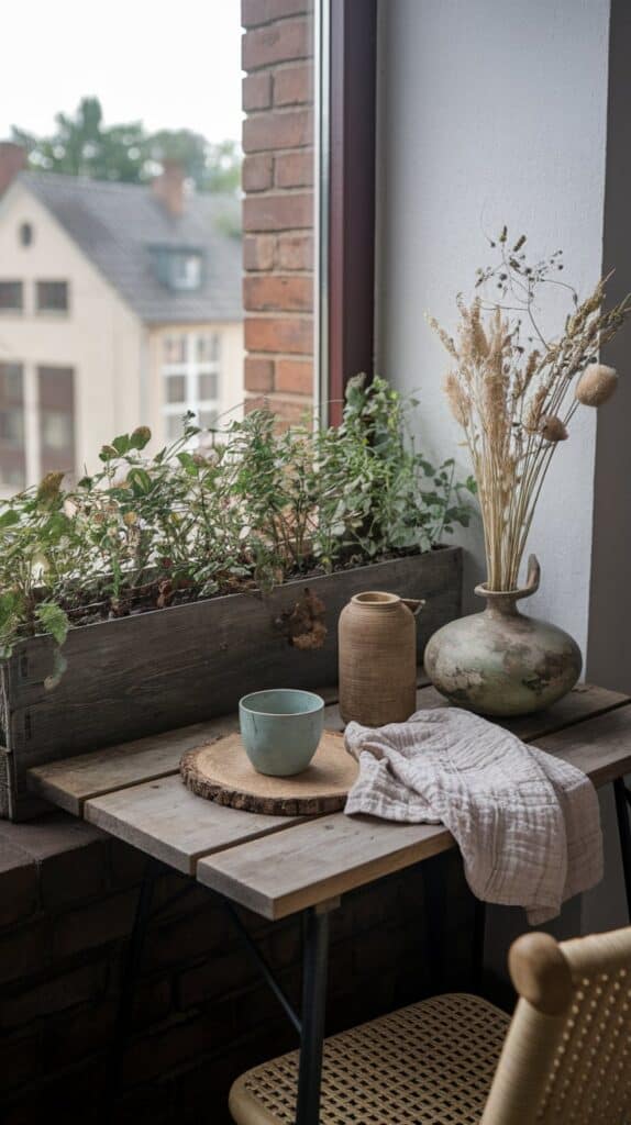 Wabi-Sabi auf dem Balkon: So gestaltest du dein stilles kleines Glück im Freien Kleiner Balkon mit rustikalem Holztisch und Wildkräutern im Blumenkasten. Auf dem Tisch stehen Keramikbecher, eine Holzunterlage und eine Vase mit Trockenblumen. Daneben liegt ein Leinentuch. Der Look ist schlicht, natürlich und im Wabi-Sabi-Stil gehalten.