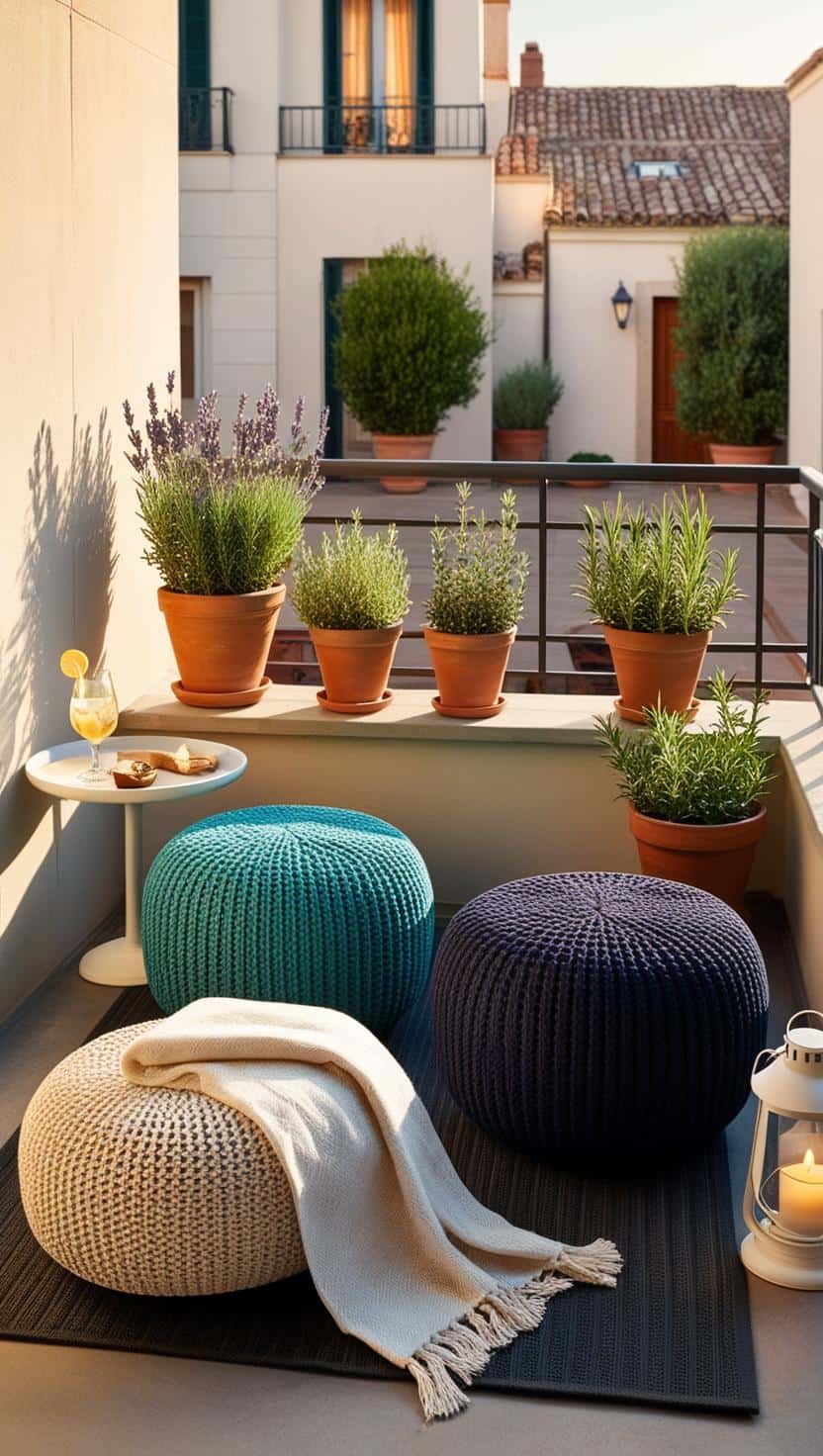 1 Bild, 1 Idee – Bodennah mit Stil: Poufs auf dem Balkon beitrag pouf maritm blau weiss tuerkis