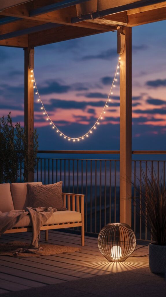 Skandinavischer Balkon – 7 cleane Styling-Ideen mit Holz & Leinen ein skandinavisch beitrag nr 7 lichter holz lichterkette abends solar licht