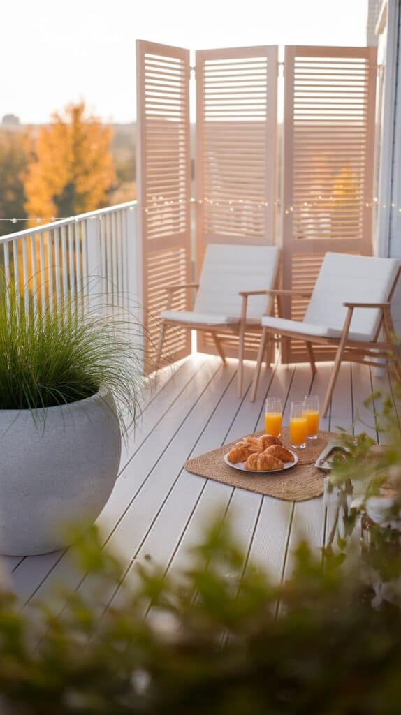 Skandinavischer Balkon – 7 cleane Styling-Ideen mit Holz & Leinen ein skandinavisch beitrag nr2 sichtschutz fruehstueck lichter holz lichterkette morgensonne