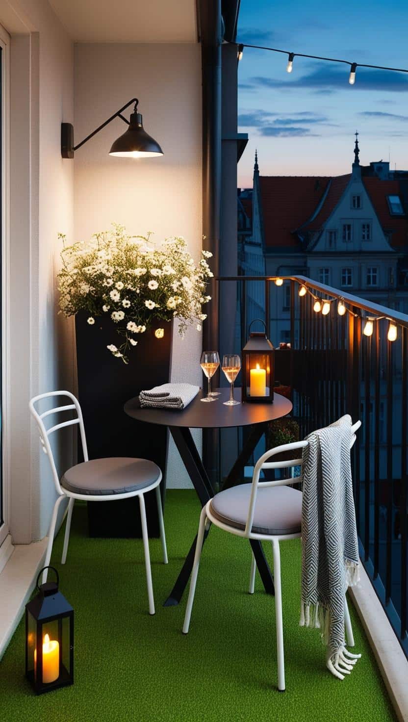 gruener kunstrasen creme sessel mettal moebel abends stimmung 2