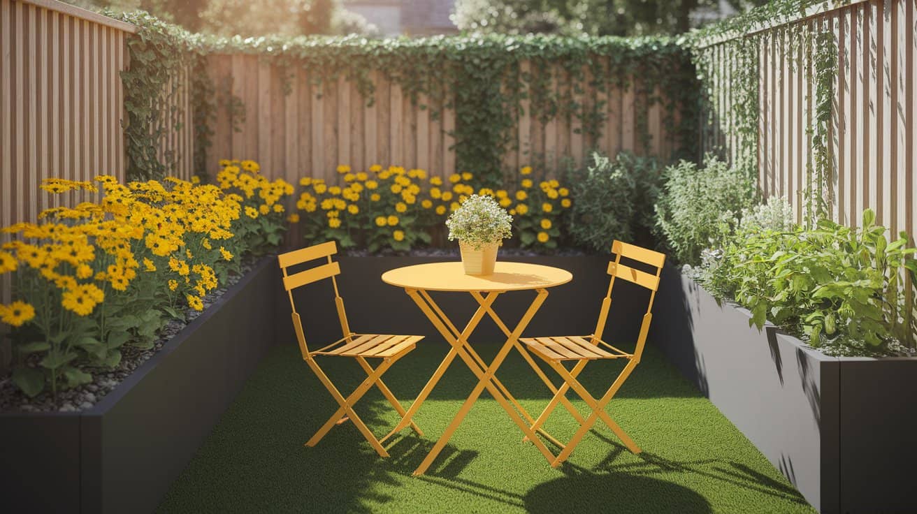 kunstrasen im Garten holustuehle blumen sommer schwarz gelb
