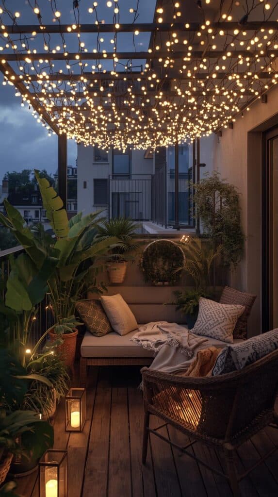 lichterketten himmel pflanzen rattansofa beige abends 1