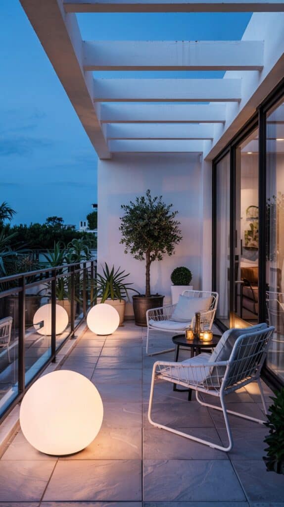 minimalismus weiss grau tisch metallsofa 2 lich kugeln abends steinplatten beton modern