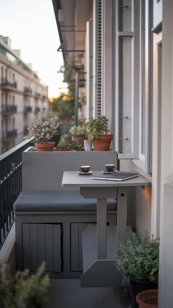 Platzsparende Balkonmöbel: Diese 7 Ideen funktionieren selbst auf Mini-Flächen platzsparen kleiner balkon massgeschneiderter moebel grau 1