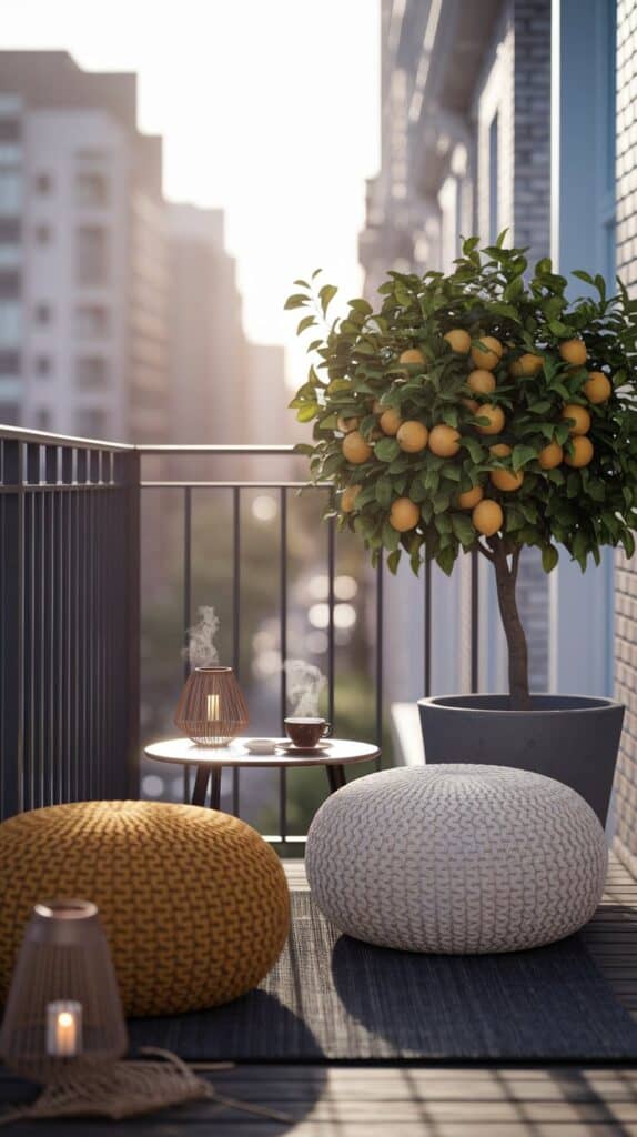 Platzsparende Balkonmöbel: Diese 7 Ideen funktionieren selbst auf Mini-Flächen platzsparen kleiner balkon pouf teppich grau senng zitrone 1