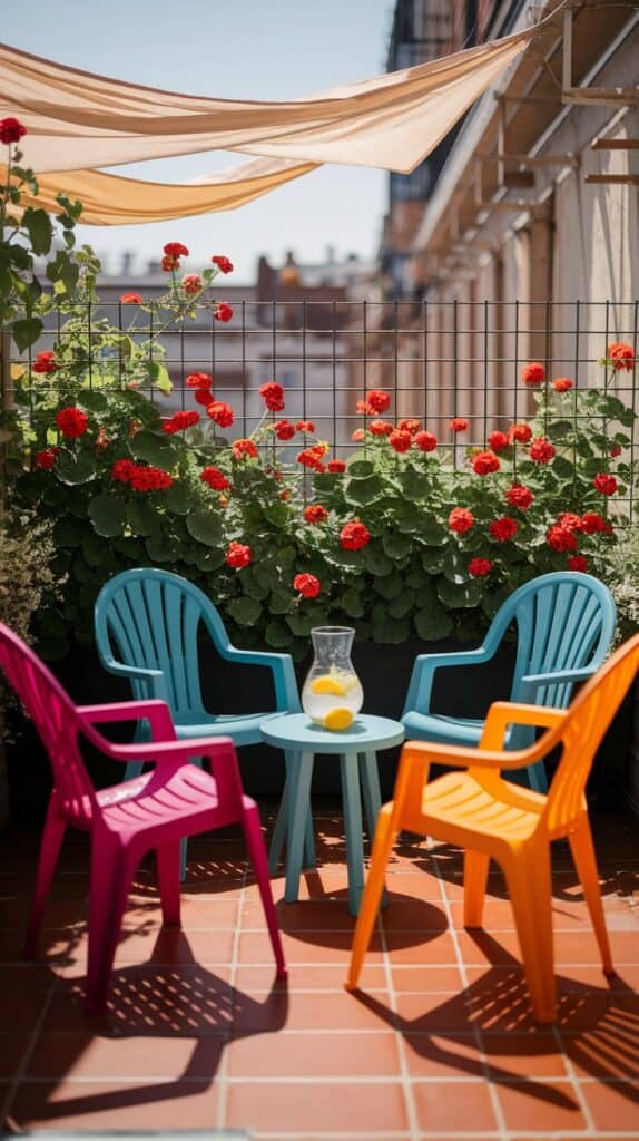 Platzsparende Balkonmöbel: Diese 7 Ideen funktionieren selbst auf Mini-Flächen platzsparen kleiner balkon stapelbare stuehle bunt