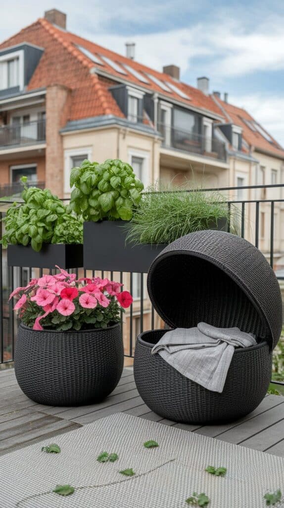 1 Bild, 1 Idee – Schwarze Hocker mit Mehrwert platzsparen kleiner balkon stauraum hocker tische schwarz korb 2