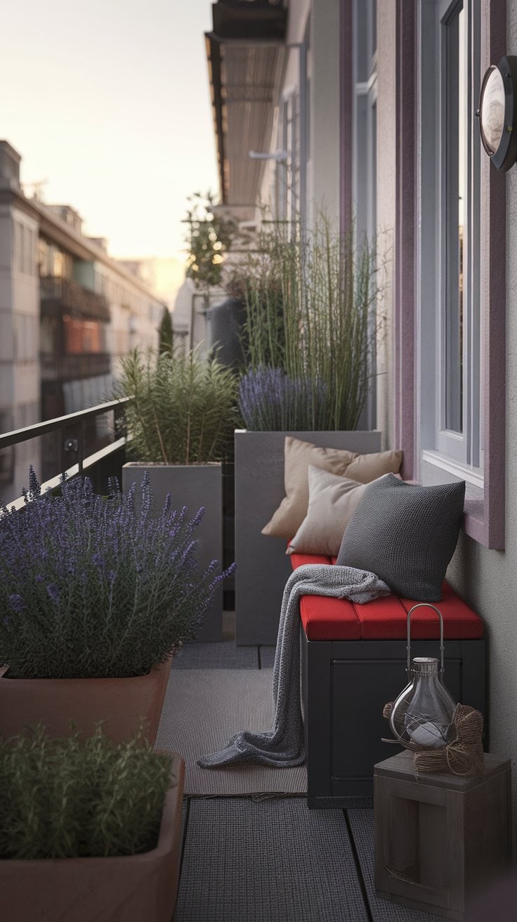 platzsparen kleiner balkon stauraum sitzbank grau rot lavendel abendes 1