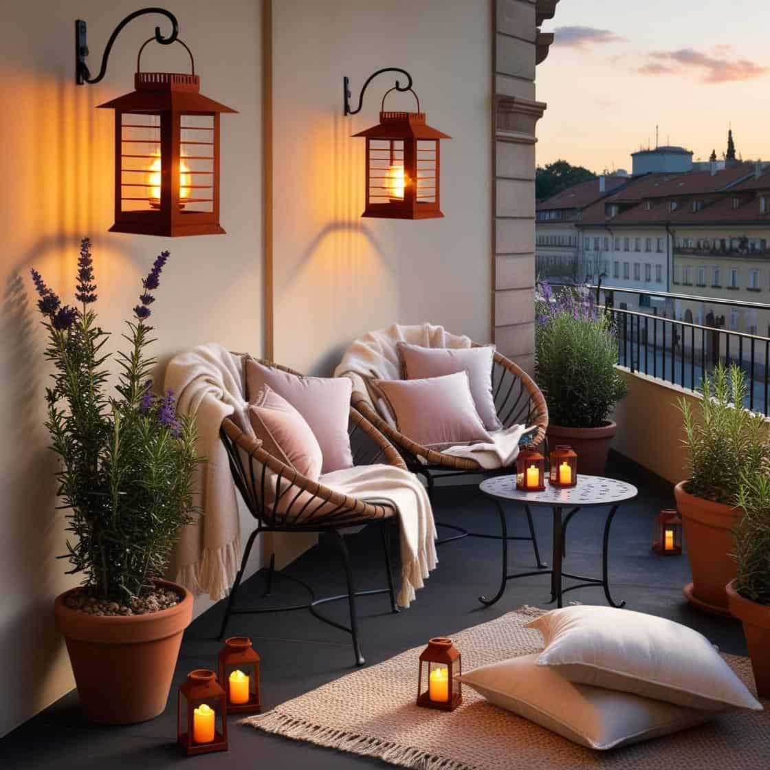 solarlichter stil mediteran rostlampen solat metallstuehle teppich