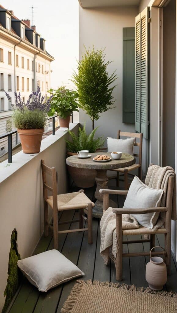 Wabi-Sabi auf dem Balkon: So gestaltest du dein stilles kleines Glück im Freien Gemütlicher Stadtbalkon im Wabi-Sabi-Stil mit runden Steintisch, drei schlichten Holzstühlen, naturfarbenen Kissen und einer weichen Decke. Auf dem Tisch stehen zwei Schalen und eine Tasse, umgeben von Lavendel, Kräutern und einem kleinen Baum in Terrakottatöpfen – alles im warmen Nachmittagslicht.