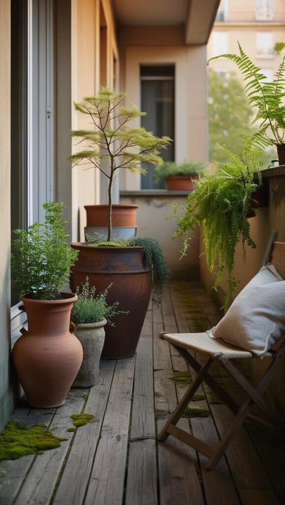 Wabi-Sabi auf dem Balkon: So gestaltest du dein stilles kleines Glück im Freien Schmaler Balkon mit verschiedenen Pflanzgefäßen aus Terrakotta und Ton im Wabi-Sabi-Stil. Wild wachsende Kräuter, Farn und ein kleiner Baum stehen in organischer Anordnung. Eine Holzklappstuhl mit Leinenkissen ergänzt das naturnahe, ruhige Ambiente.