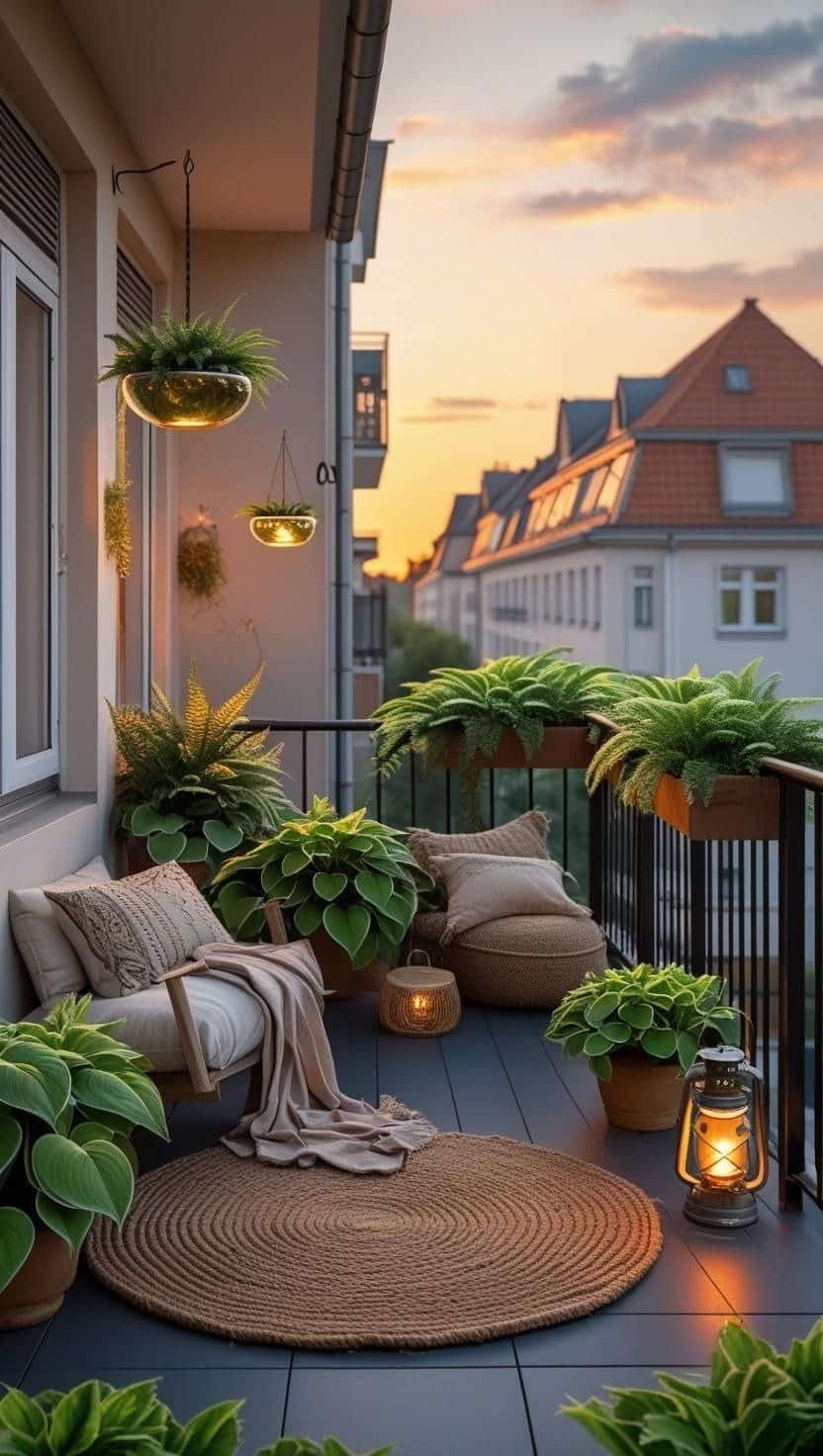 balkon abendstimmung farn beige teppich LAterne pouf kissen natur funkien licht 1