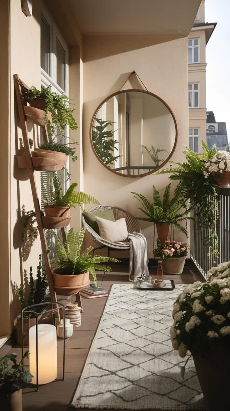 balkonecke spiegel farn schatten balkon teppich 2