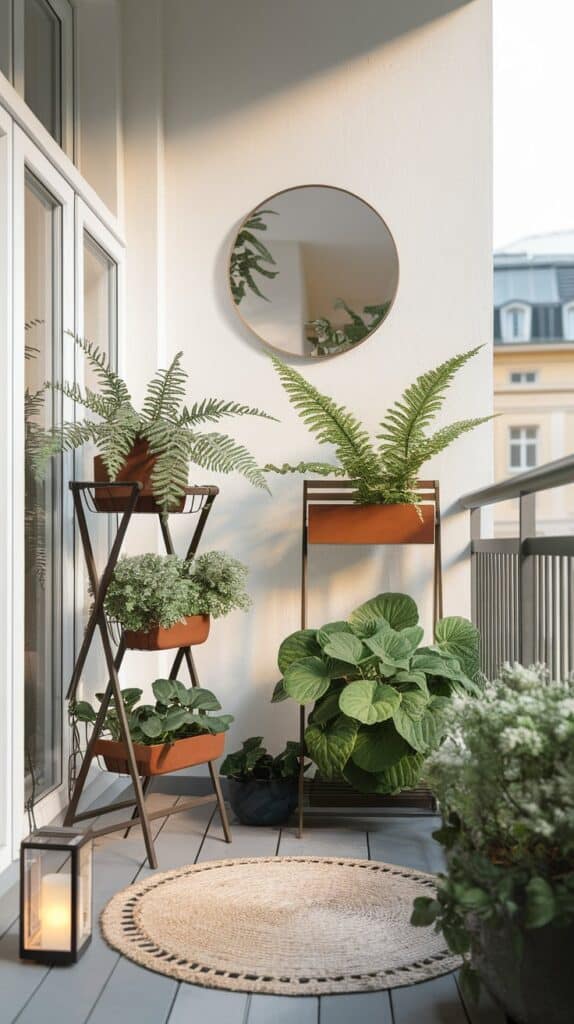 balkonecke spiegel farn schatten balkon teueueich ideensammlung