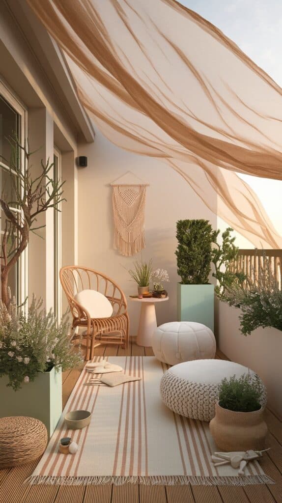 boho balkon beige natur gardinen pouf teppich mint toepfe 1